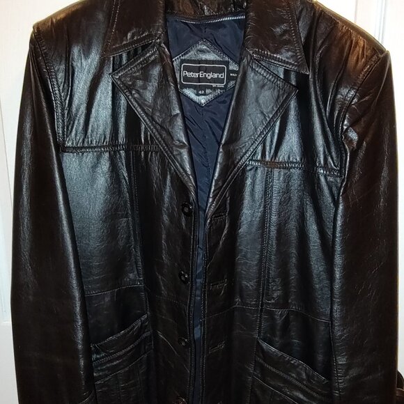 PETER ENGLAND MENS LEATHER SPORT JACKET 4-BUTTON ROLLED LAPELS LINED BLACK 42R